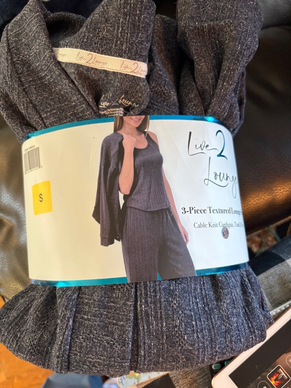 NEW Live 2 Lounge 3-Piece Textured Knit Loungewear Set in navy tweed size small